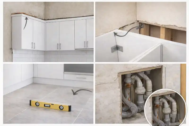 Técnico de Muebles Tío Ender realizando medición con nivel láser en una cocina en construcción en Rancagua